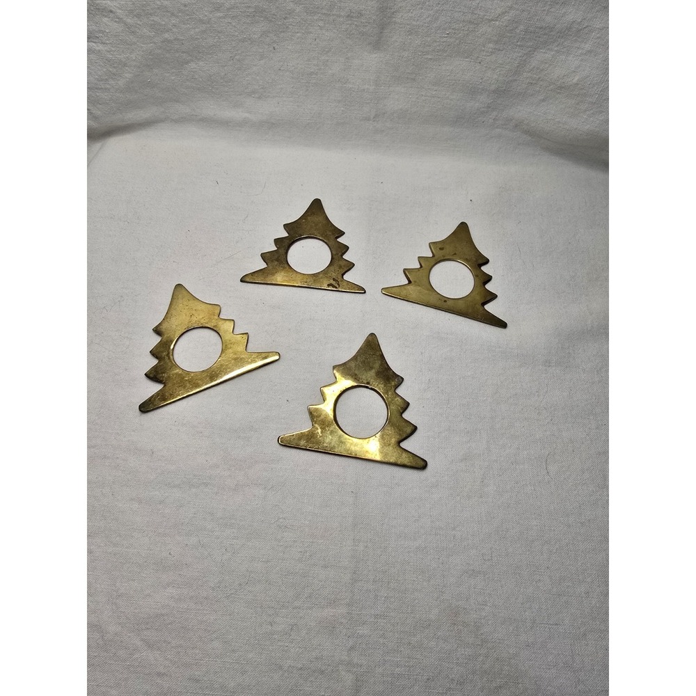 Vintage Brass Christmas Tree Napkin Rings‎ Set of 4 Gold Holiday Table Decor MCM